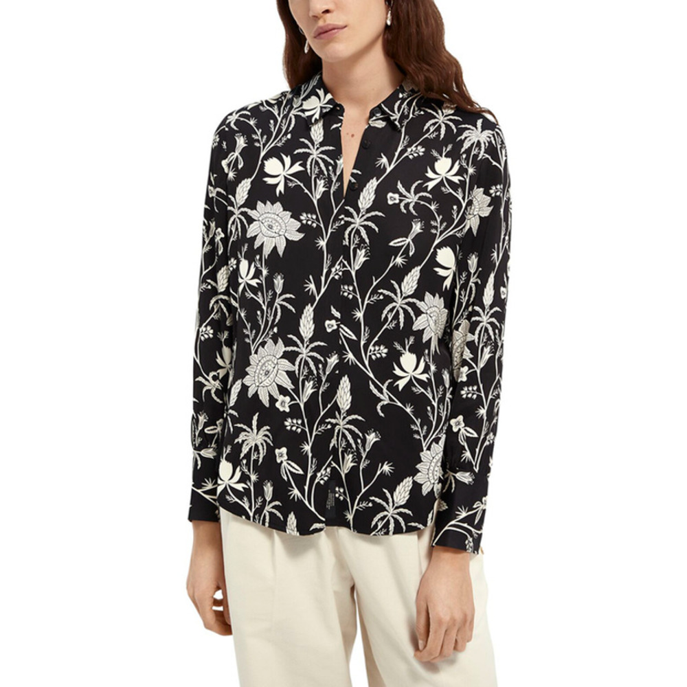 Scotch & Soda Floral Button Down Shirt Black Collared Long Sleeve Size XS